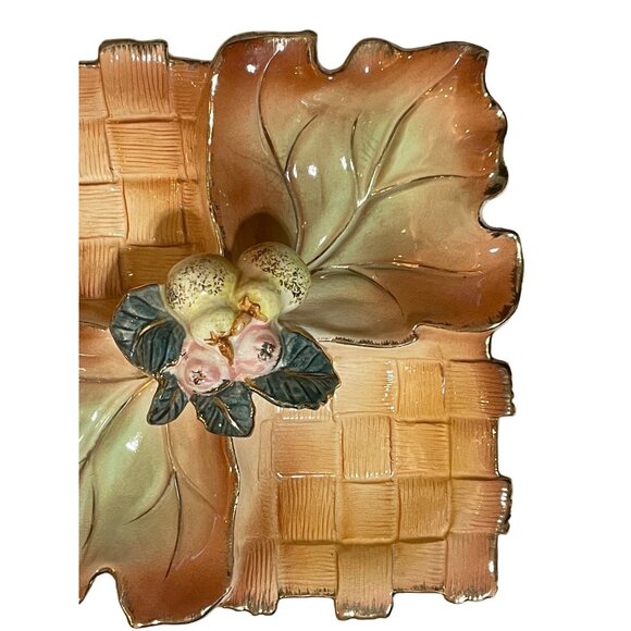 Vintage Majolica Porcelain Oak Leave Basketweave Divided Fruit Dish Square Peach - Picture 3 of 6